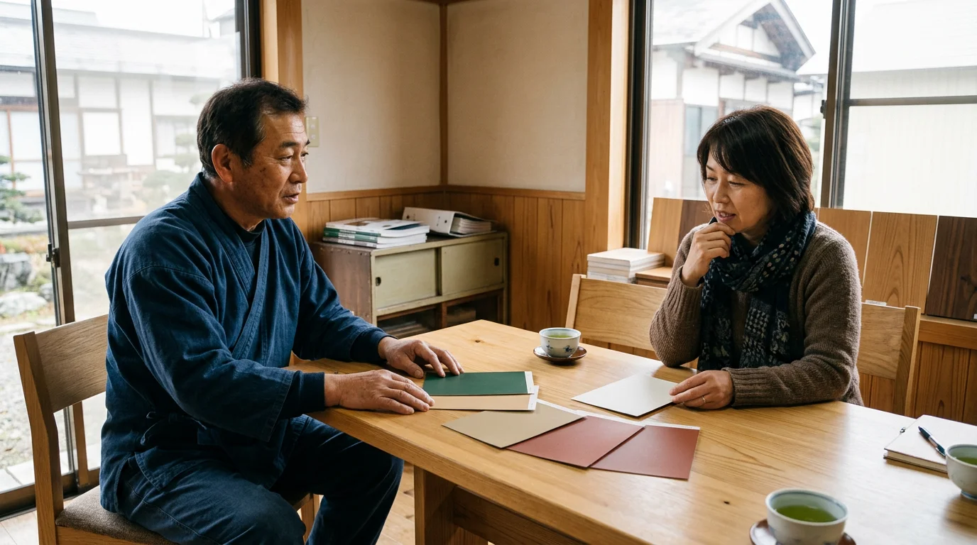 住宅の外壁色について資料を見ながら相談する担当者とお客様の手元