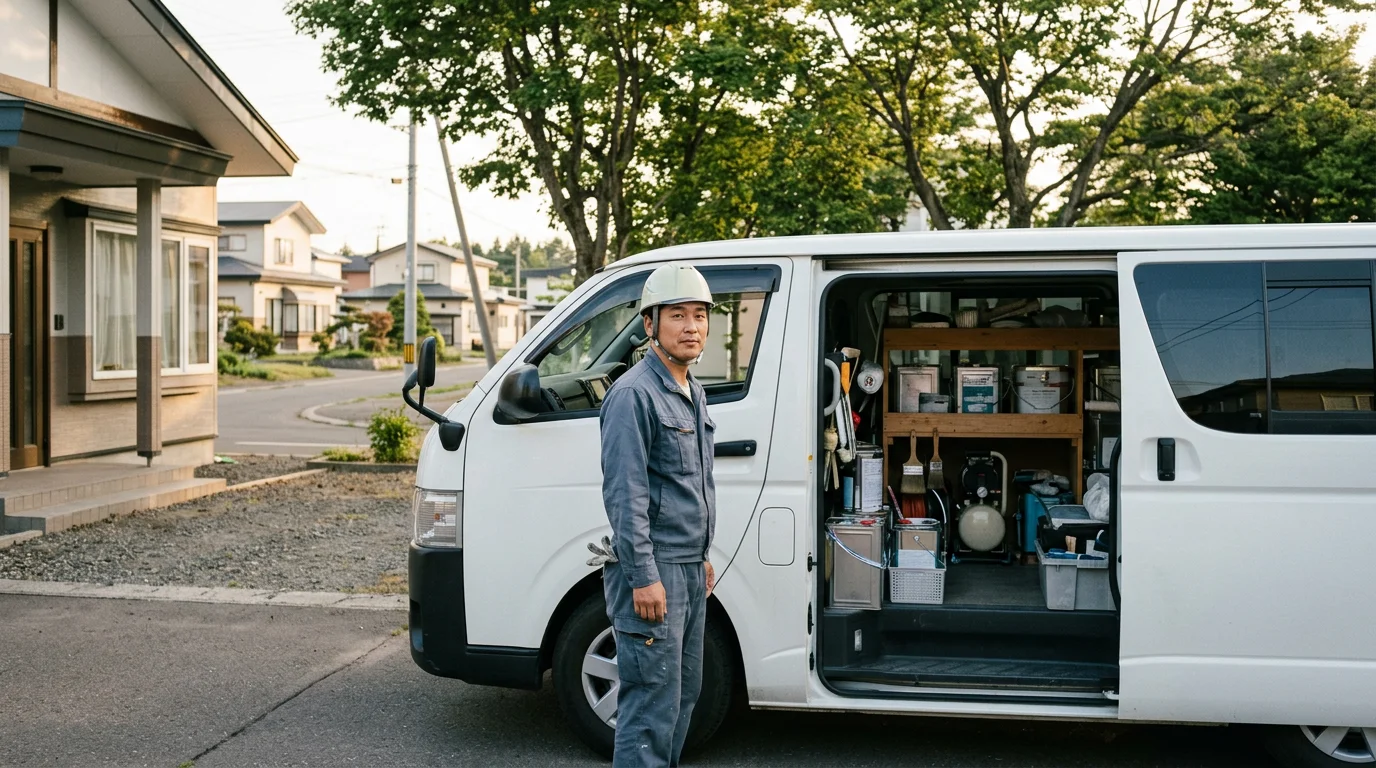 住宅の外壁を前に作業内容を確認する塗装職人たち