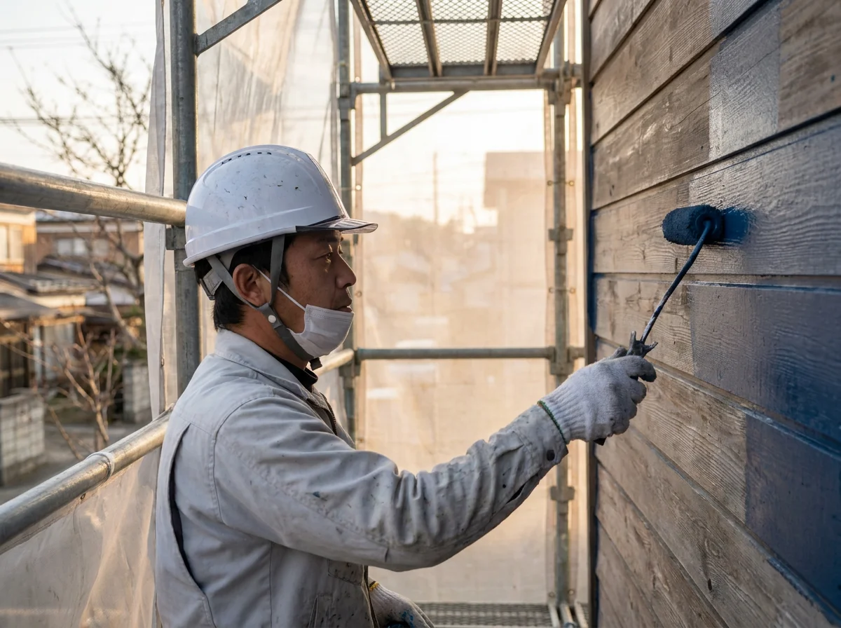 戸建住宅の外壁をローラーで塗装する職人の横顔と手元