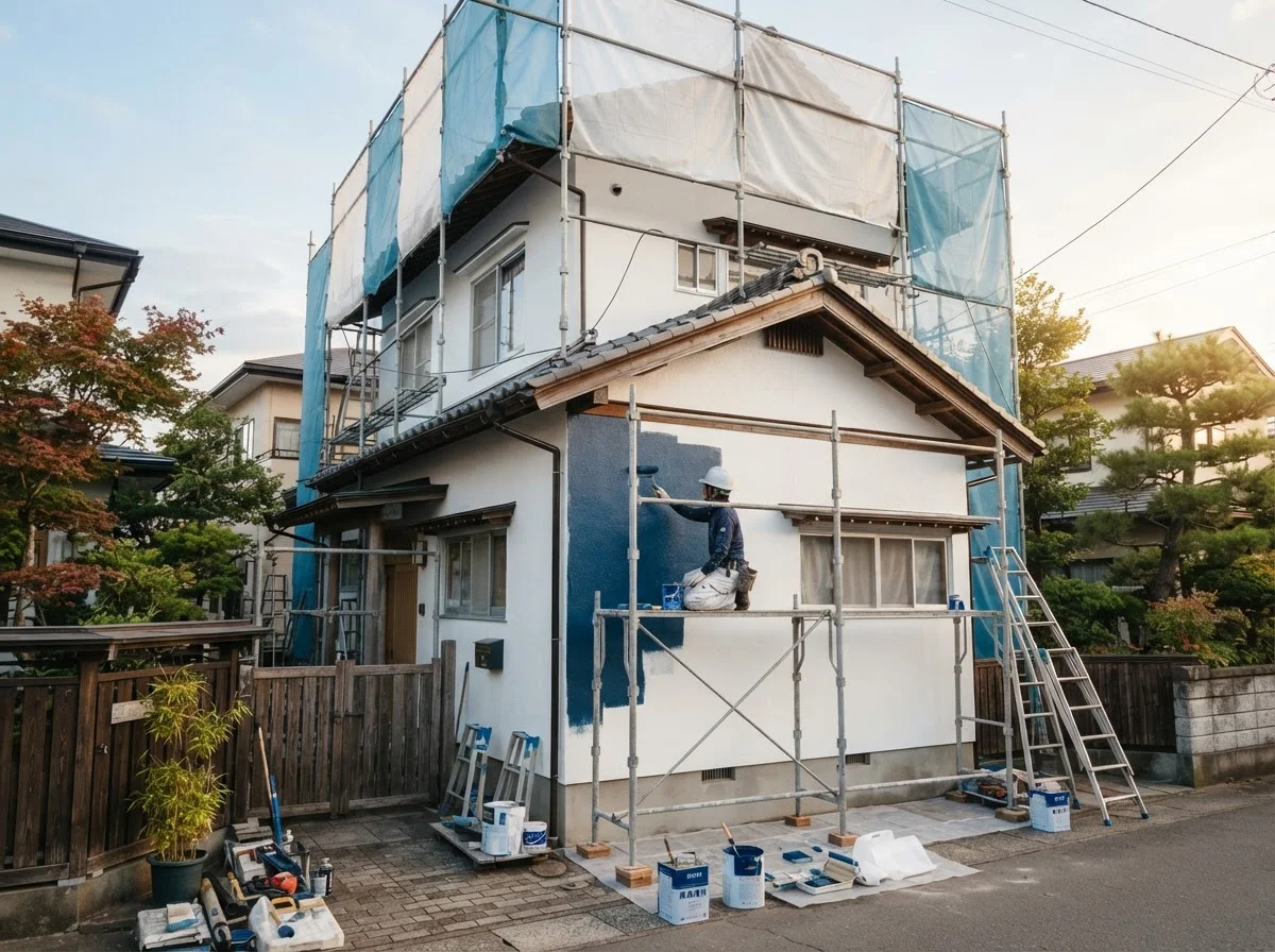 塗装後の白い外壁と窓まわりを下から見上げた住宅外観