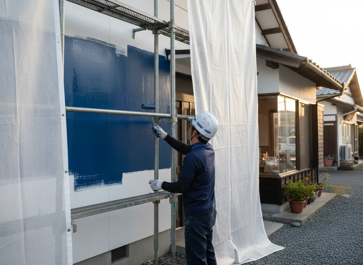 住宅の外壁にローラーで塗料を均一に塗る職人の手元
