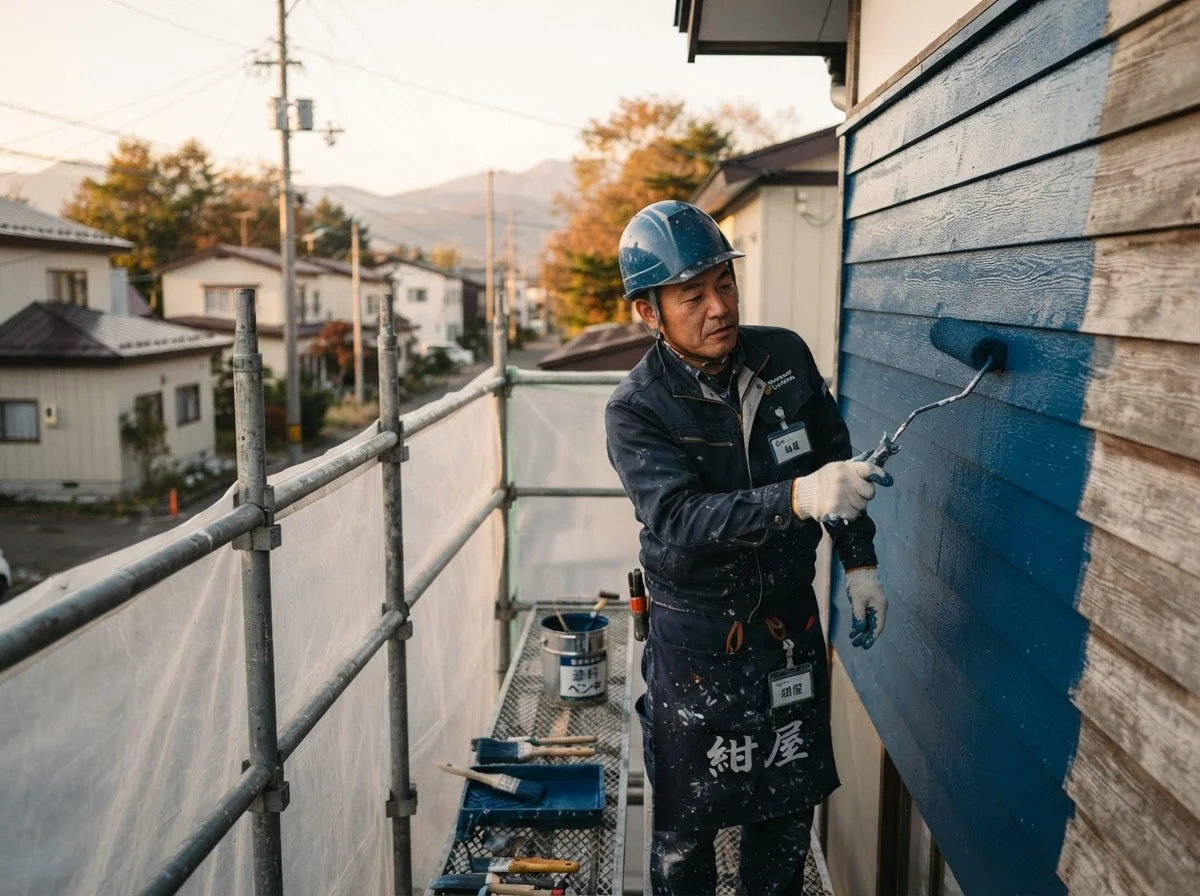 住宅の屋根をローラーで塗装する足場上の作業者