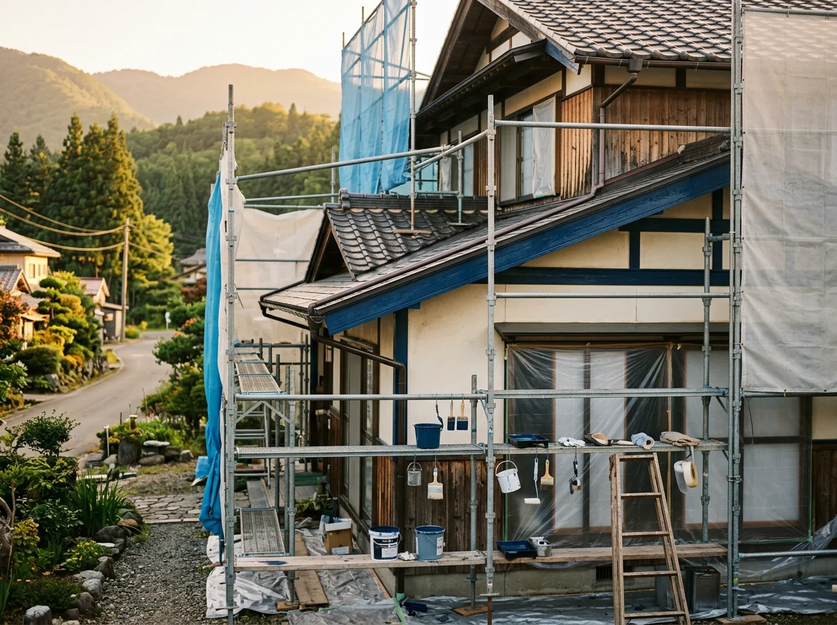 軒天と雨どいを刷毛で丁寧に塗装する住宅外まわりの作業
