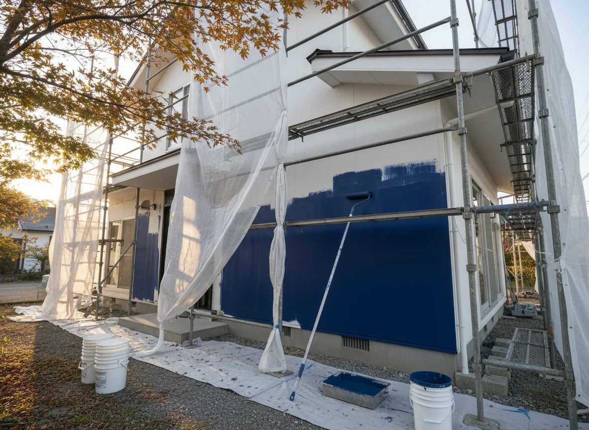 塗装前の外壁を近くから確認する職人の手元