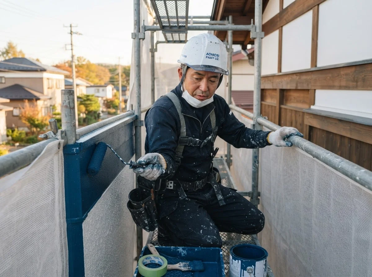 刷毛を使って住宅外壁の細かな部分に塗料を塗る職人